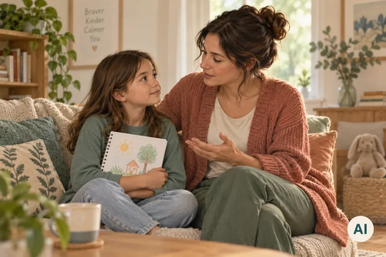 Un părinte vorbește calm cu un copil care ține un caiet de desen, pentru pregătirea evaluării; imagine AI.