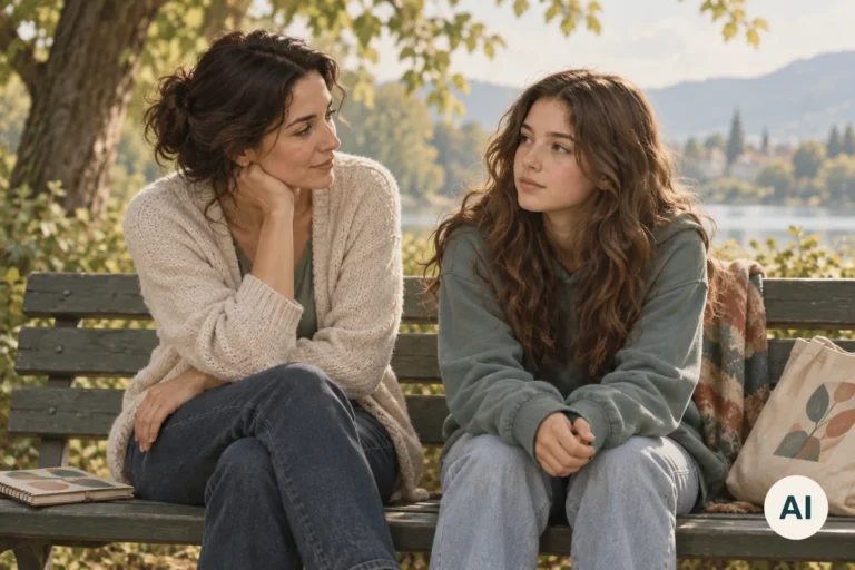 Un părinte ascultă o adolescentă pe o bancă în parc, într-o conversație calmă despre îngrijorări; imagine AI.