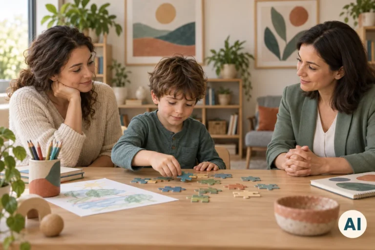 Un copil lucrează cu un puzzle, alături de părinte și specialist, într-un cadru calm de evaluare; imagine AI.