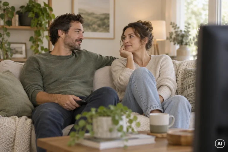 Cuplu într-un living luminos, în conversație după vizionarea unei emisiuni; imagine AI.