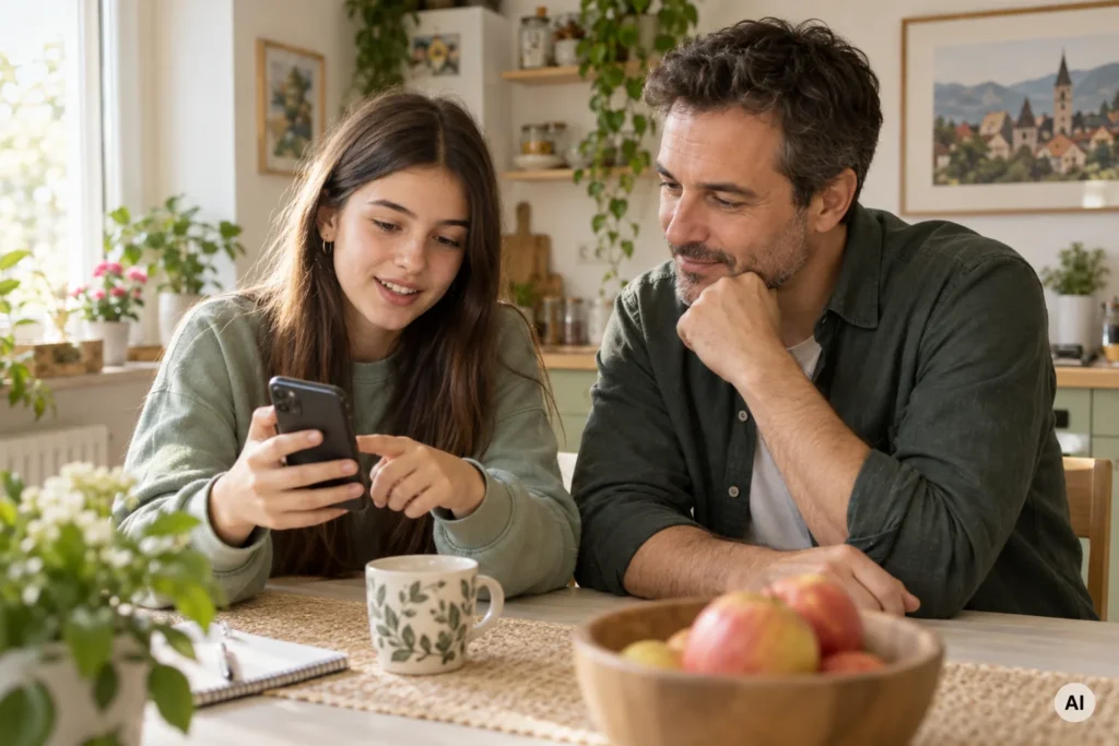 Tată și adolescentă privesc împreună un telefon și discută despre intimitatea online; imagine AI.