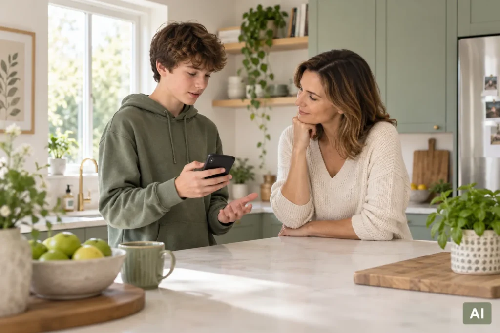 Adolescent care îi arată mamei un telefon și cere sprijin într-o conversație calmă; imagine AI.
