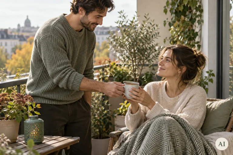 Un partener îi oferă celuilalt o cană de ceai pe balcon, într-un gest cotidian de grijă; imagine AI.