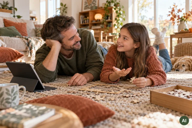 Tată și fiică discută lângă un puzzle și o tabletă pusă deoparte, într-o zi de vacanță; imagine AI.