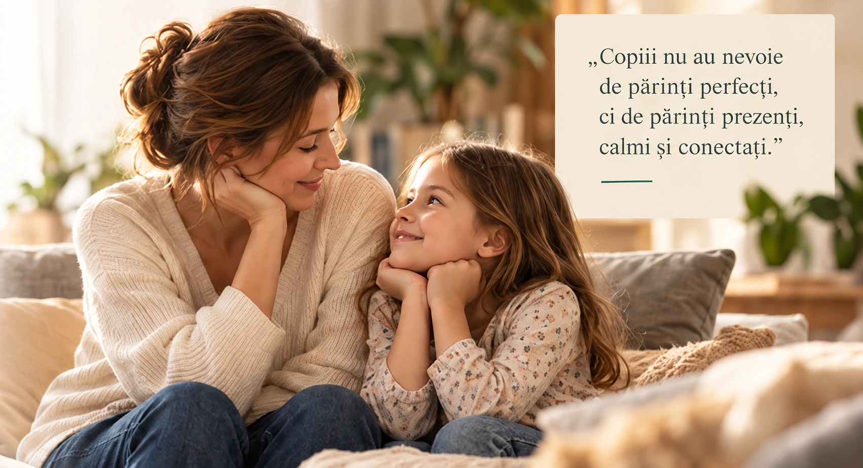 Scenă ilustrativă din mockup: mamă și copil într-un interior cald