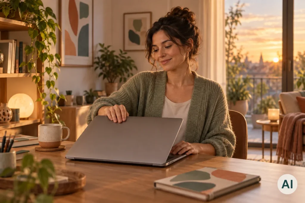 O persoană închide laptopul la sfârșitul zilei de lucru, într-o cameră cu lumină caldă; imagine AI.